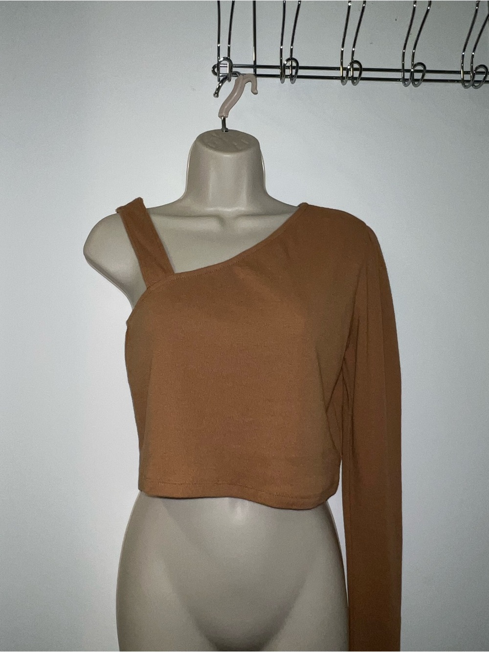 Melrose and Market One-Shoulder Long Sleeve Crop Top in Camel Brown